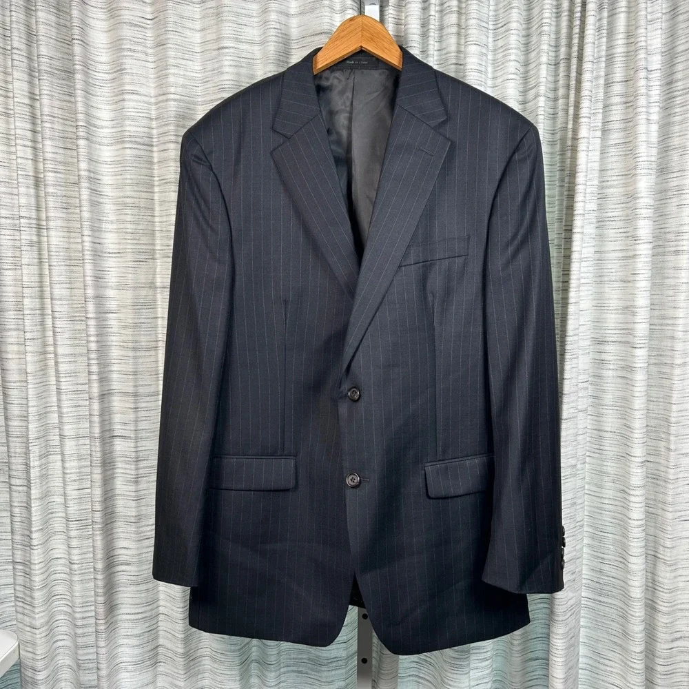 Ralph Lauren Lauren Wool Black w/ White Pinstripe Suit Jacket Blazer 42R Men EUC